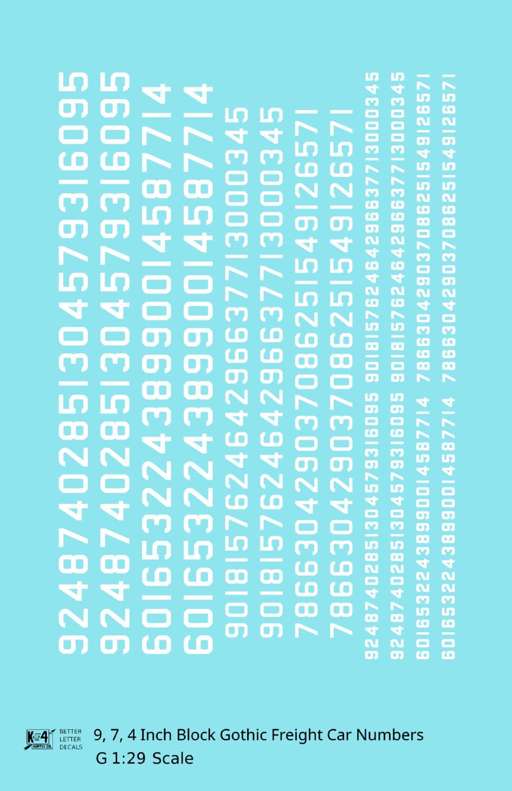 Block Gothic Freight Car Numbers  White 9, 7 and 4 Inch Renumber