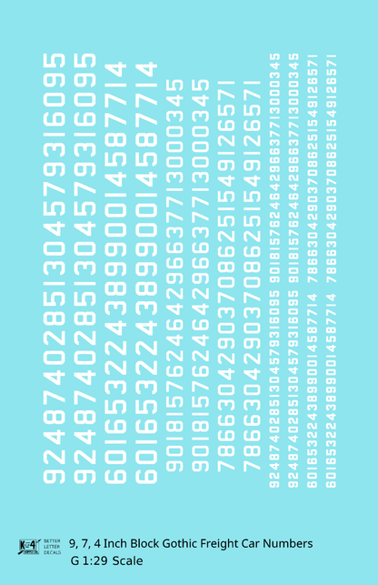Block Gothic Freight Car Numbers  White 9, 7 and 4 Inch Renumber