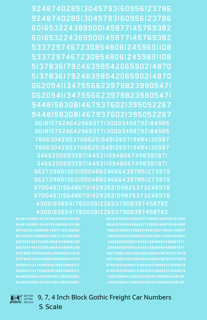 Block Gothic Freight Car Numbers  White 9, 7 and 4 Inch Renumber