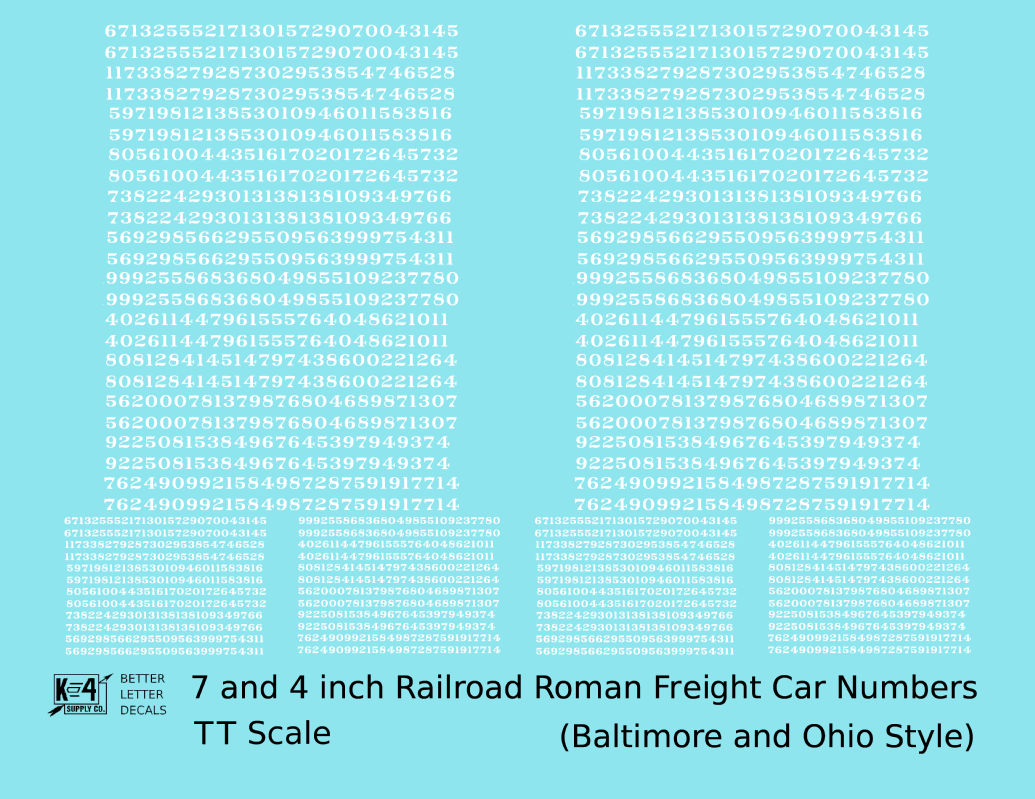 B&O Baltimore and Ohio Style 7 Scale Inch Railroad Roman Freight Car Numbers