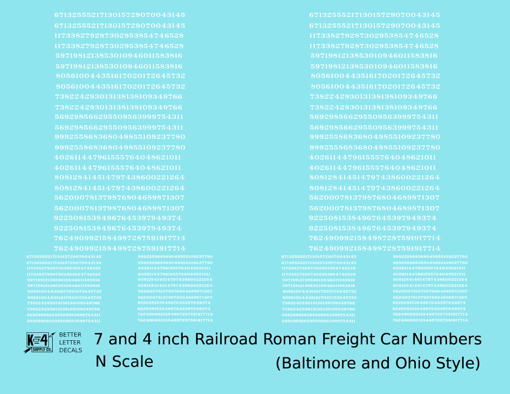 B&O Baltimore and Ohio Style 7 Scale Inch Railroad Roman Freight Car Numbers