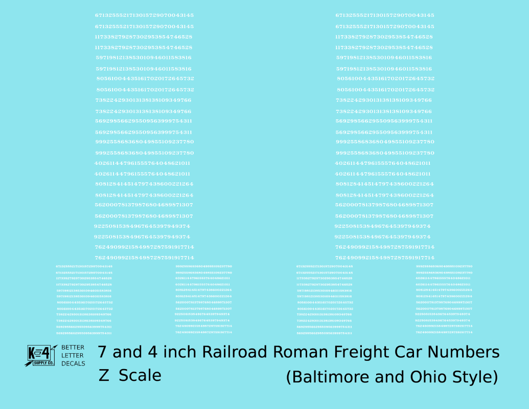 B&O Baltimore and Ohio Style 7 Scale Inch Railroad Roman Freight Car Numbers