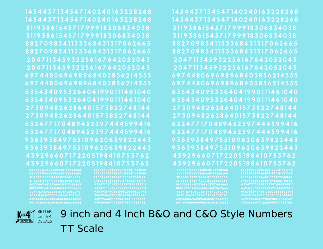 B&O, C&O Baltimore/Chesapeake and Ohio 9 Scale Inch Futura Style Freight Car Numbers