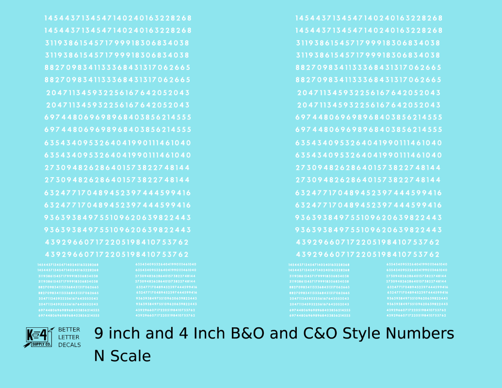 B&O, C&O Baltimore/Chesapeake and Ohio 9 Scale Inch Futura Style Freight Car Numbers