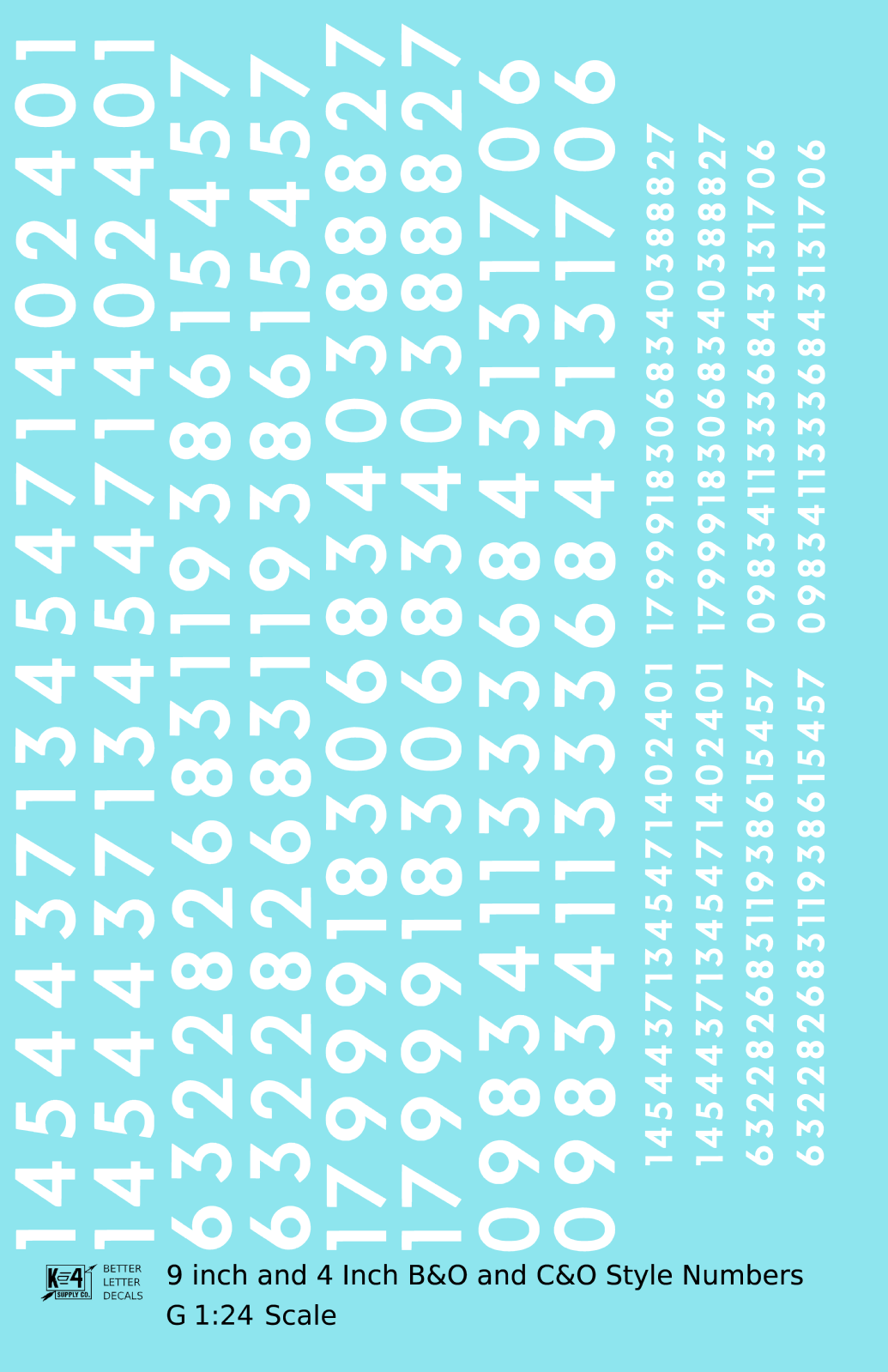 B&O, C&O Baltimore/Chesapeake and Ohio 9 Scale Inch Futura Style Freight Car Numbers