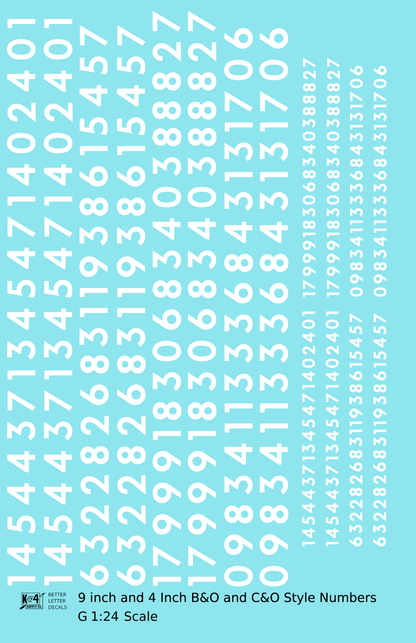 B&O, C&O Baltimore/Chesapeake and Ohio 9 Scale Inch Futura Style Freight Car Numbers