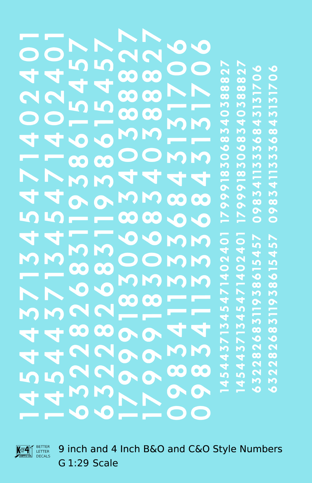 B&O, C&O Baltimore/Chesapeake and Ohio 9 Scale Inch Futura Style Freight Car Numbers