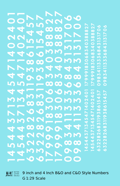 B&O, C&O Baltimore/Chesapeake and Ohio 9 Scale Inch Futura Style Freight Car Numbers