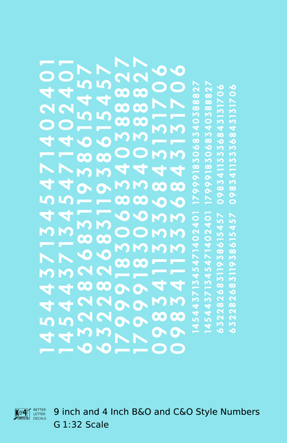 B&O, C&O Baltimore/Chesapeake and Ohio 9 Scale Inch Futura Style Freight Car Numbers