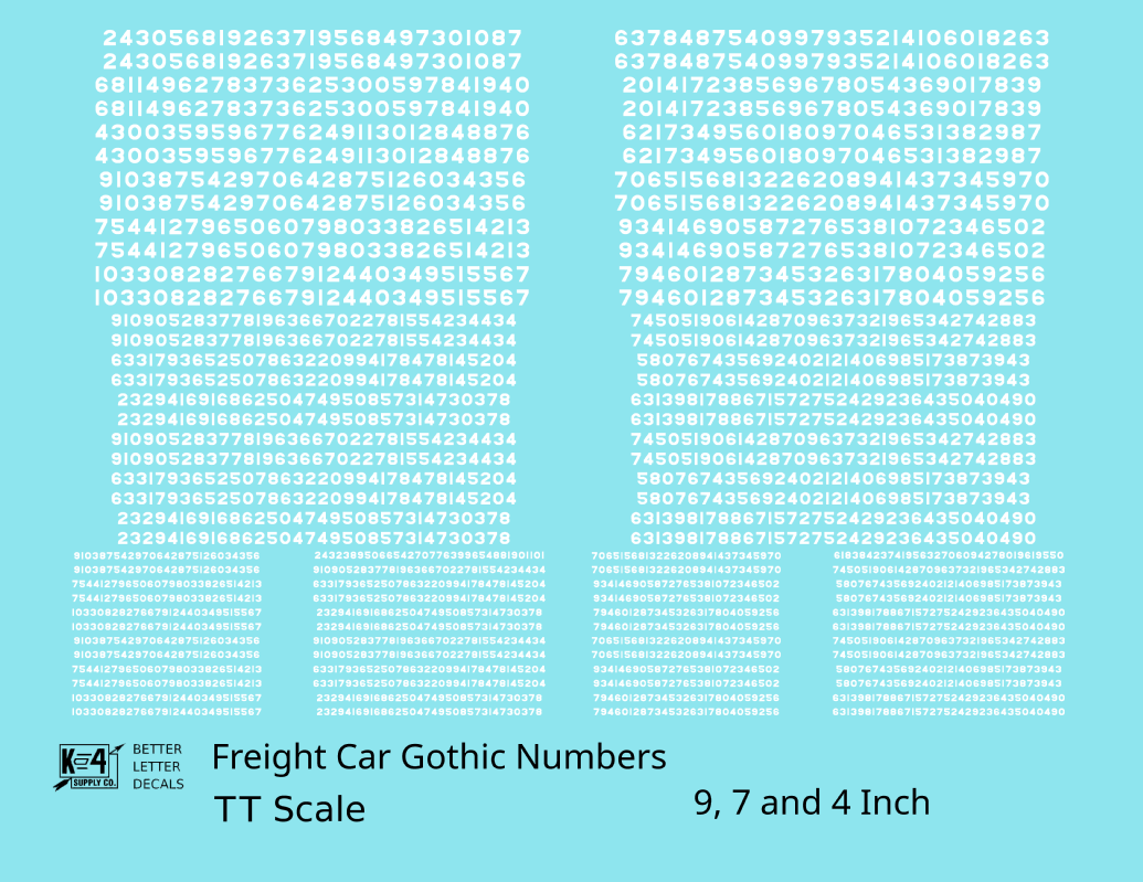 Freight Car Gothic Numbers  White 9, 7 and 4 Inch Renumber