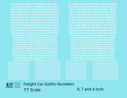 Freight Car Gothic Numbers  White 9, 7 and 4 Inch Renumber