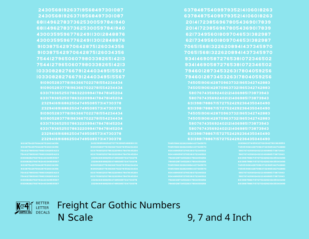Freight Car Gothic Numbers  White 9, 7 and 4 Inch Renumber