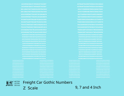Freight Car Gothic Numbers  White 9, 7 and 4 Inch Renumber