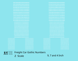 Freight Car Gothic Numbers  White 9, 7 and 4 Inch Renumber