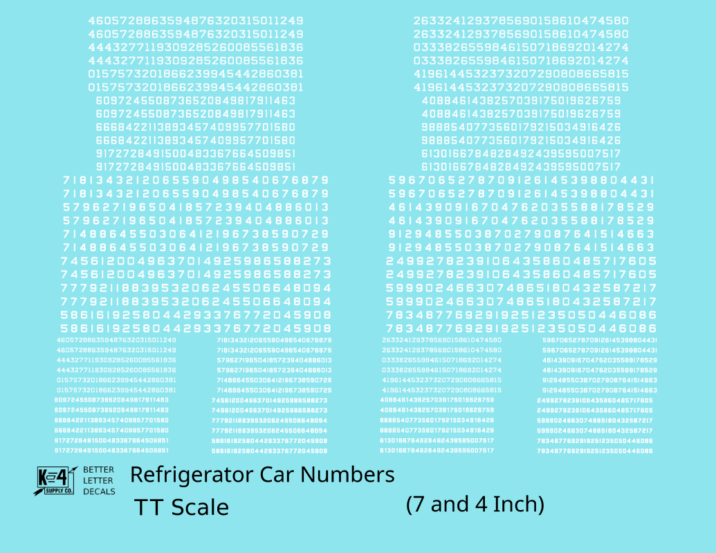 Reefer/Refrigerator Car Style Numbers  White 7 and 4 Inch Renumber