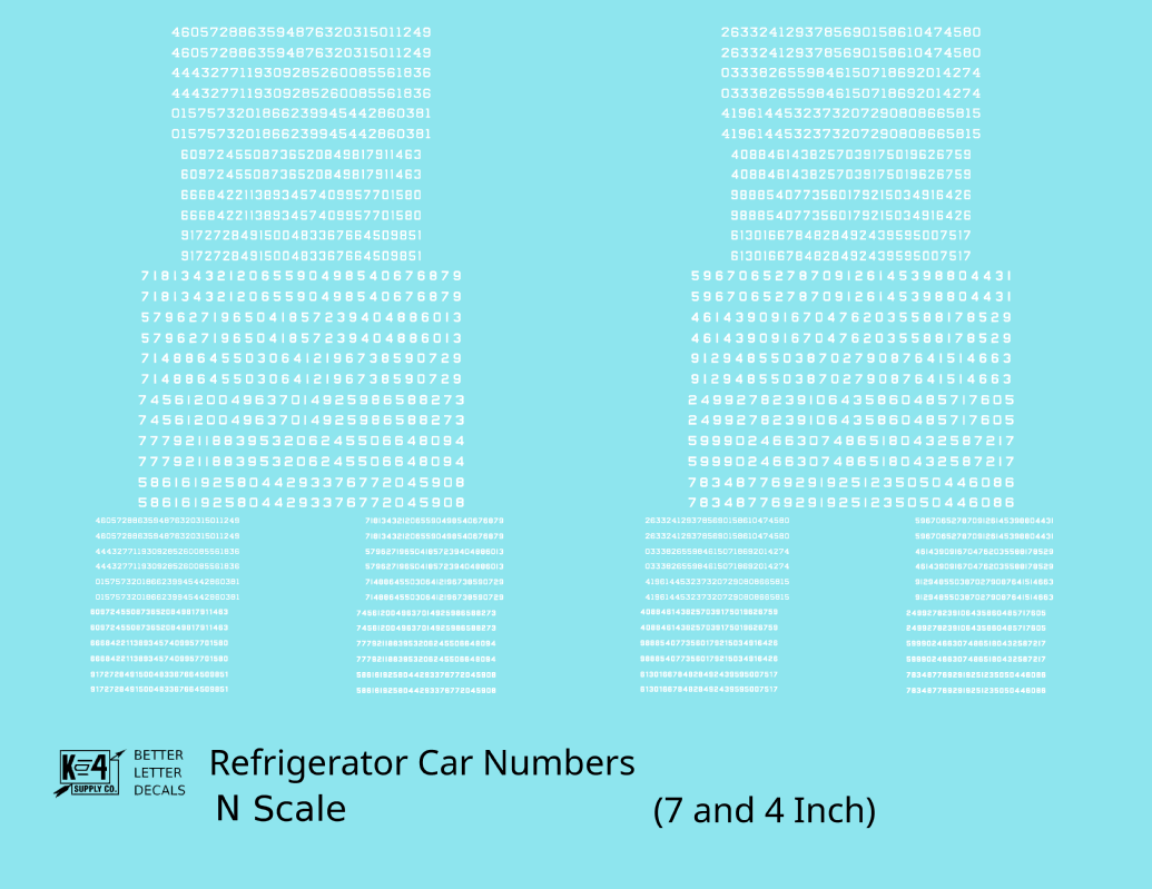 Reefer/Refrigerator Car Style Numbers  White 7 and 4 Inch Renumber