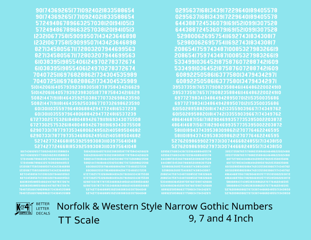 N&W Style Narrow Gothic Freight Car Numbers  White 9, 7 and 4 Inch Renumber