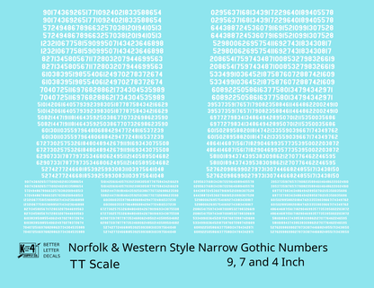 N&W Style Narrow Gothic Freight Car Numbers  White 9, 7 and 4 Inch Renumber