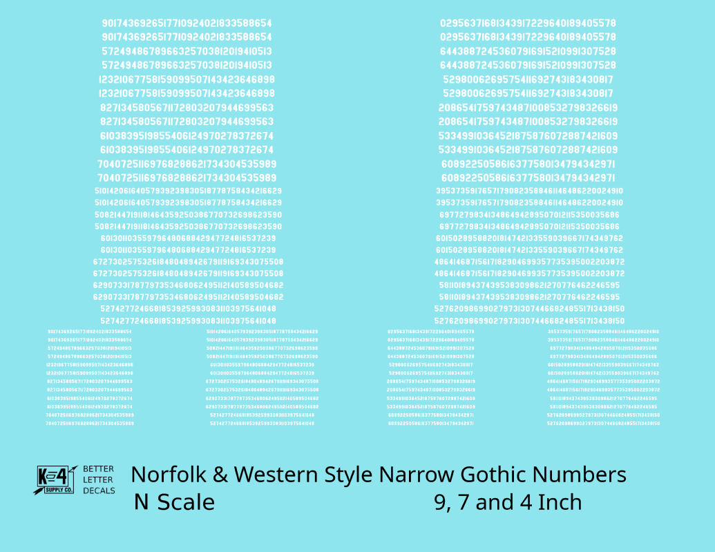 N&W Style Narrow Gothic Freight Car Numbers  White 9, 7 and 4 Inch Renumber