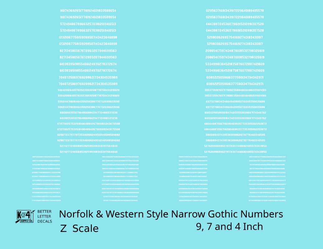 N&W Style Narrow Gothic Freight Car Numbers  White 9, 7 and 4 Inch Renumber