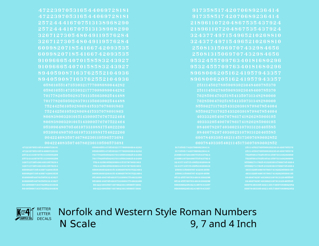 N&W Style Railroad Roman Freight Car Numbers  White 9, 7 and 4 Inch Renumber