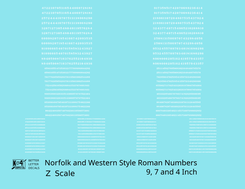 N&W Style Railroad Roman Freight Car Numbers  White 9, 7 and 4 Inch Renumber