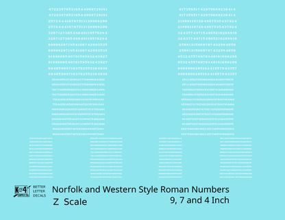 N&W Style Railroad Roman Freight Car Numbers  White 9, 7 and 4 Inch Renumber