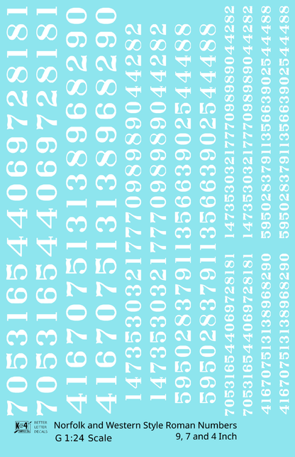 N&W Style Railroad Roman Freight Car Numbers  White 9, 7 and 4 Inch Renumber