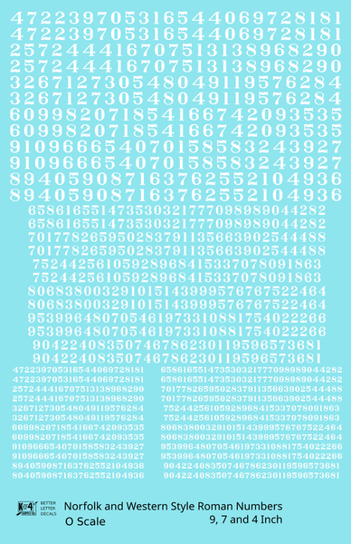 N&W Style Railroad Roman Freight Car Numbers  White 9, 7 and 4 Inch Renumber