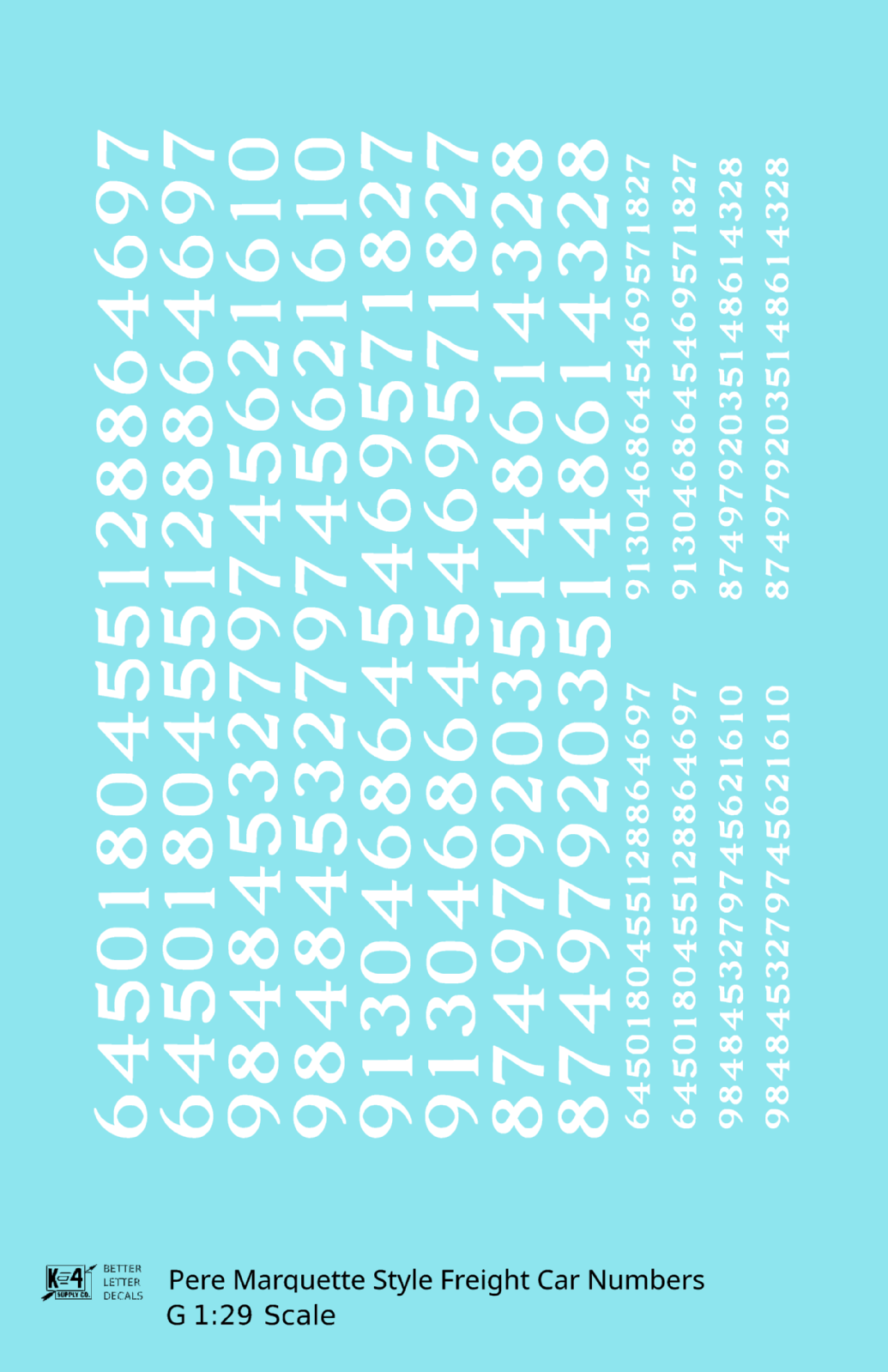 Pere Marquette Style Numbers  White 9 and 4 Inch Renumber
