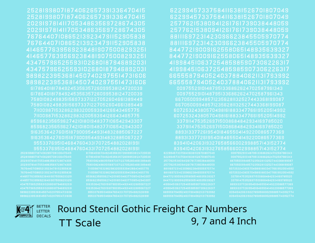Round Stencil Gothic Freight Car Numbers  White 9, 7 and 4 Inch Renumber
