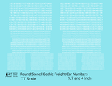 Round Stencil Gothic Freight Car Numbers  White 9, 7 and 4 Inch Renumber