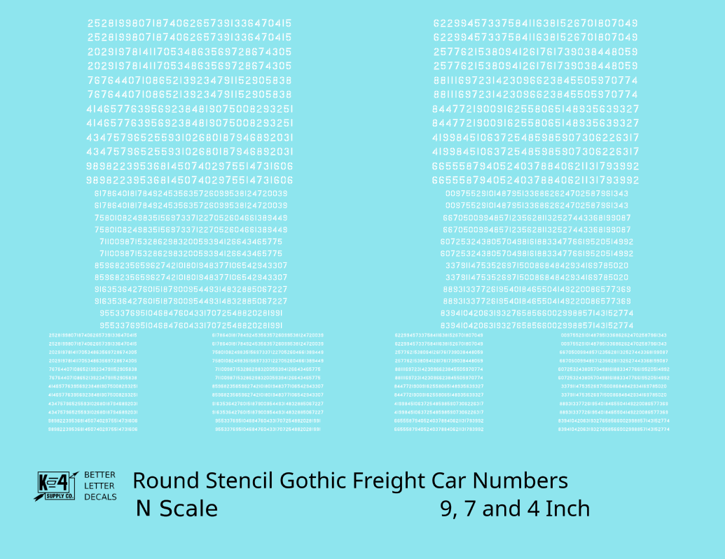 Round Stencil Gothic Freight Car Numbers  White 9, 7 and 4 Inch Renumber