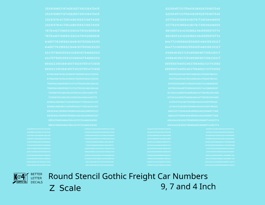 Round Stencil Gothic Freight Car Numbers  White 9, 7 and 4 Inch Renumber