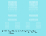 Round Stencil Gothic Freight Car Numbers  White 9, 7 and 4 Inch Renumber