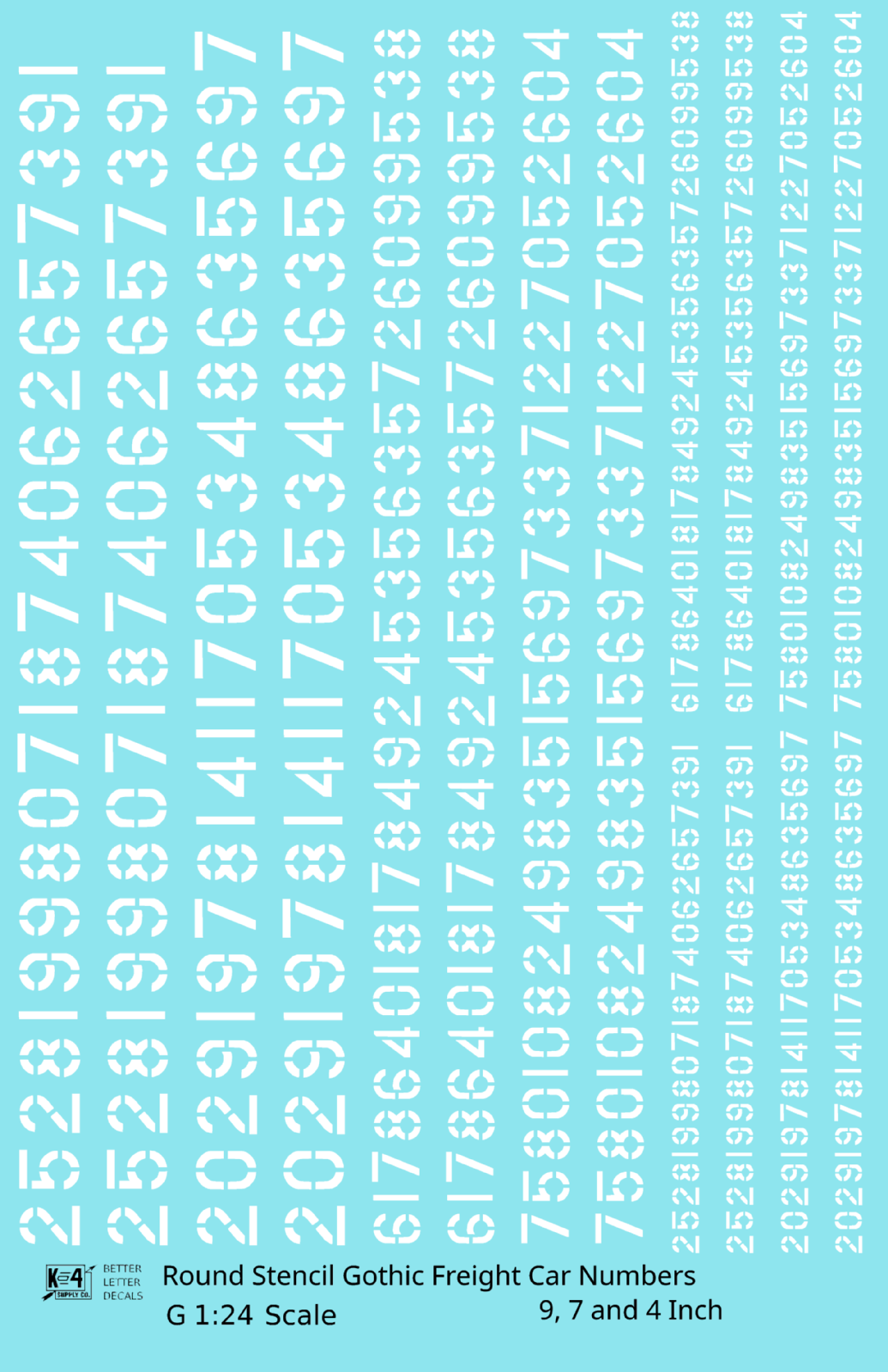 Round Stencil Gothic Freight Car Numbers  White 9, 7 and 4 Inch Renumber
