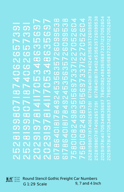 Round Stencil Gothic Freight Car Numbers  White 9, 7 and 4 Inch Renumber