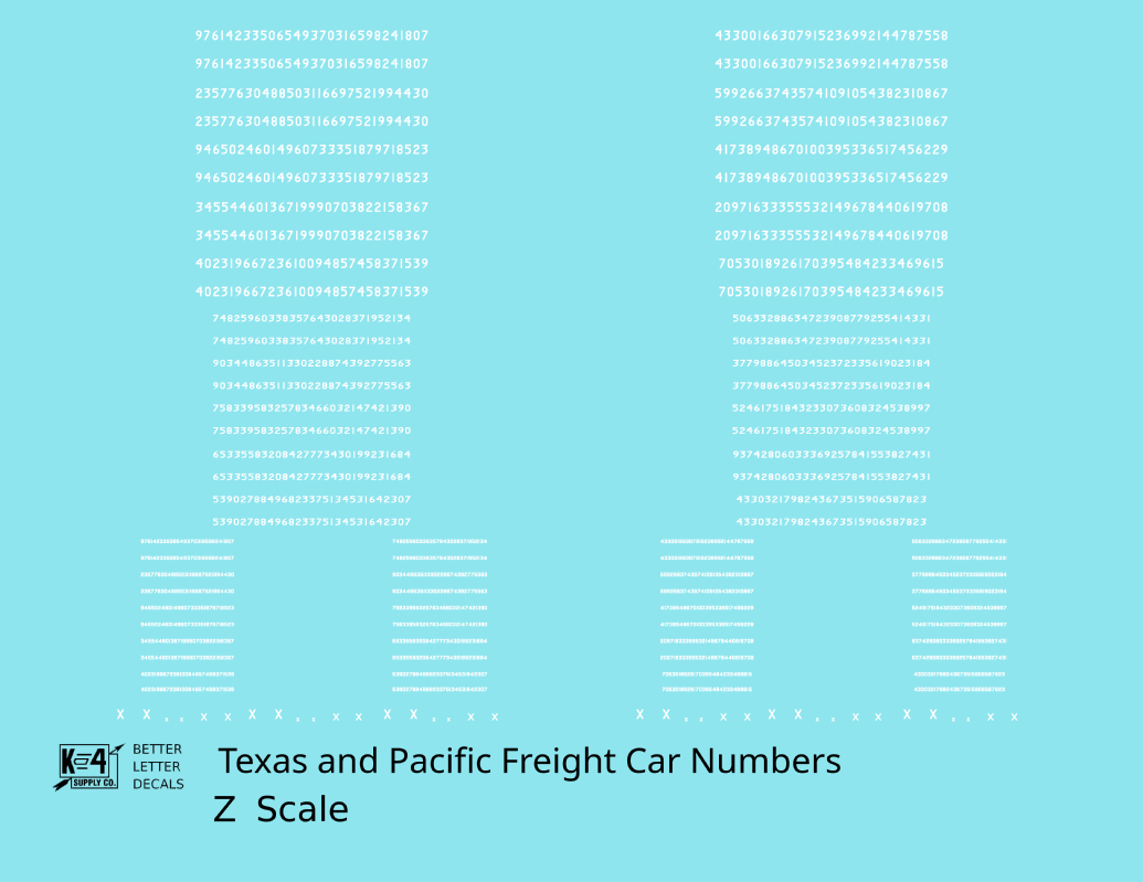 Texas and Pacific Style Numbers  White 10, 7 and 4 Inch Renumber