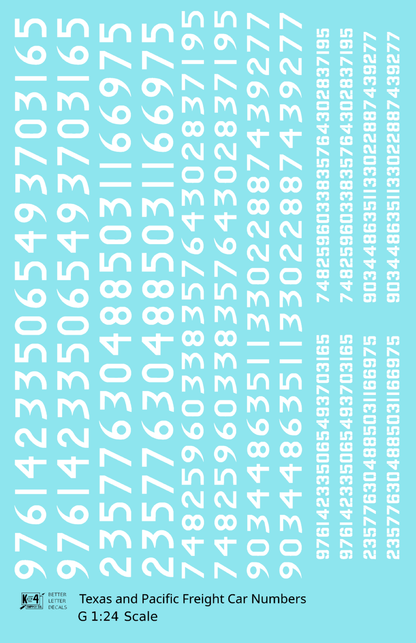 Texas and Pacific Style Numbers  White 10, 7 and 4 Inch Renumber