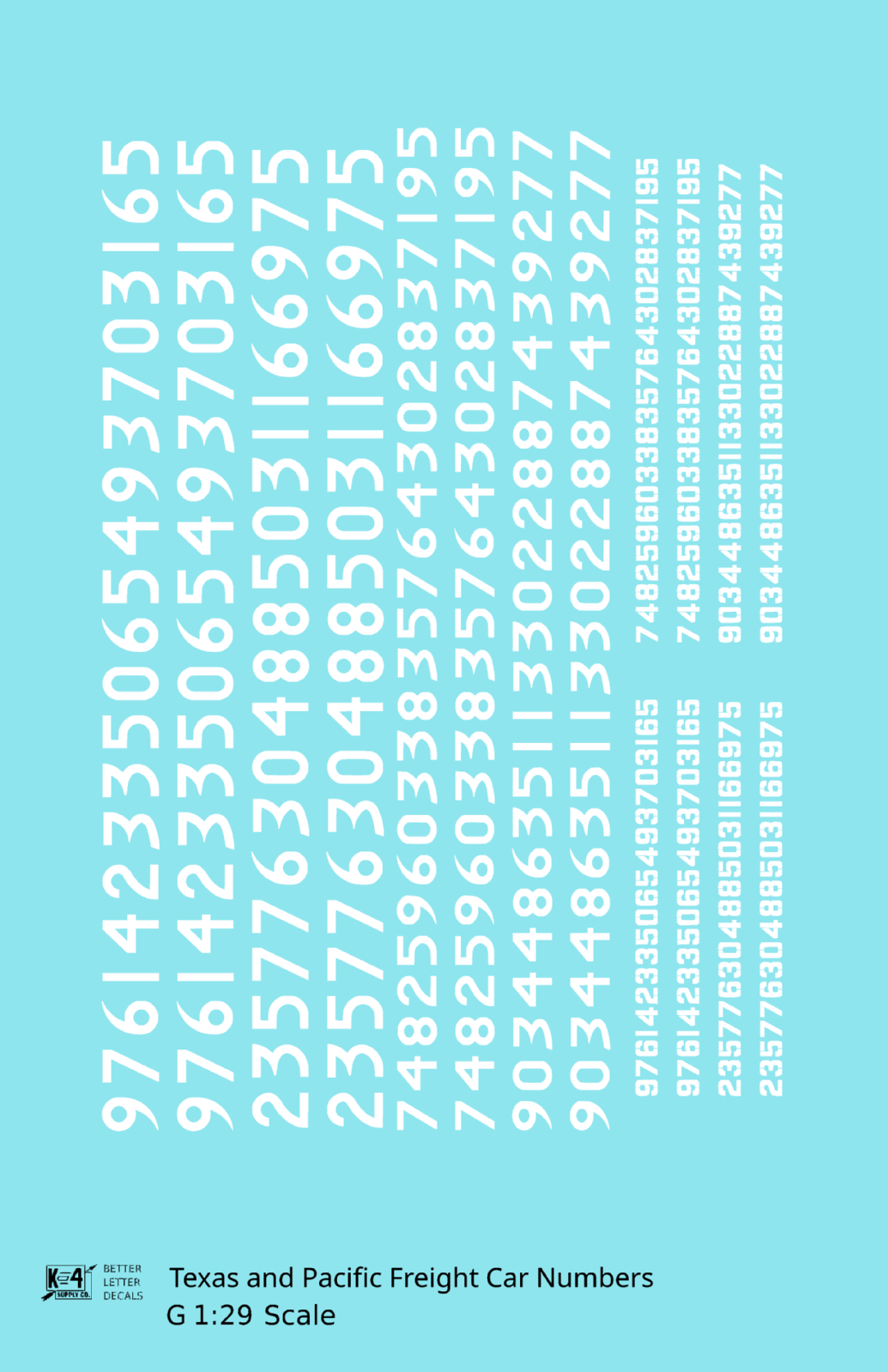 Texas and Pacific Style Numbers  White 10, 7 and 4 Inch Renumber