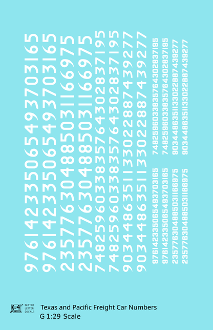 Texas and Pacific Style Numbers  White 10, 7 and 4 Inch Renumber