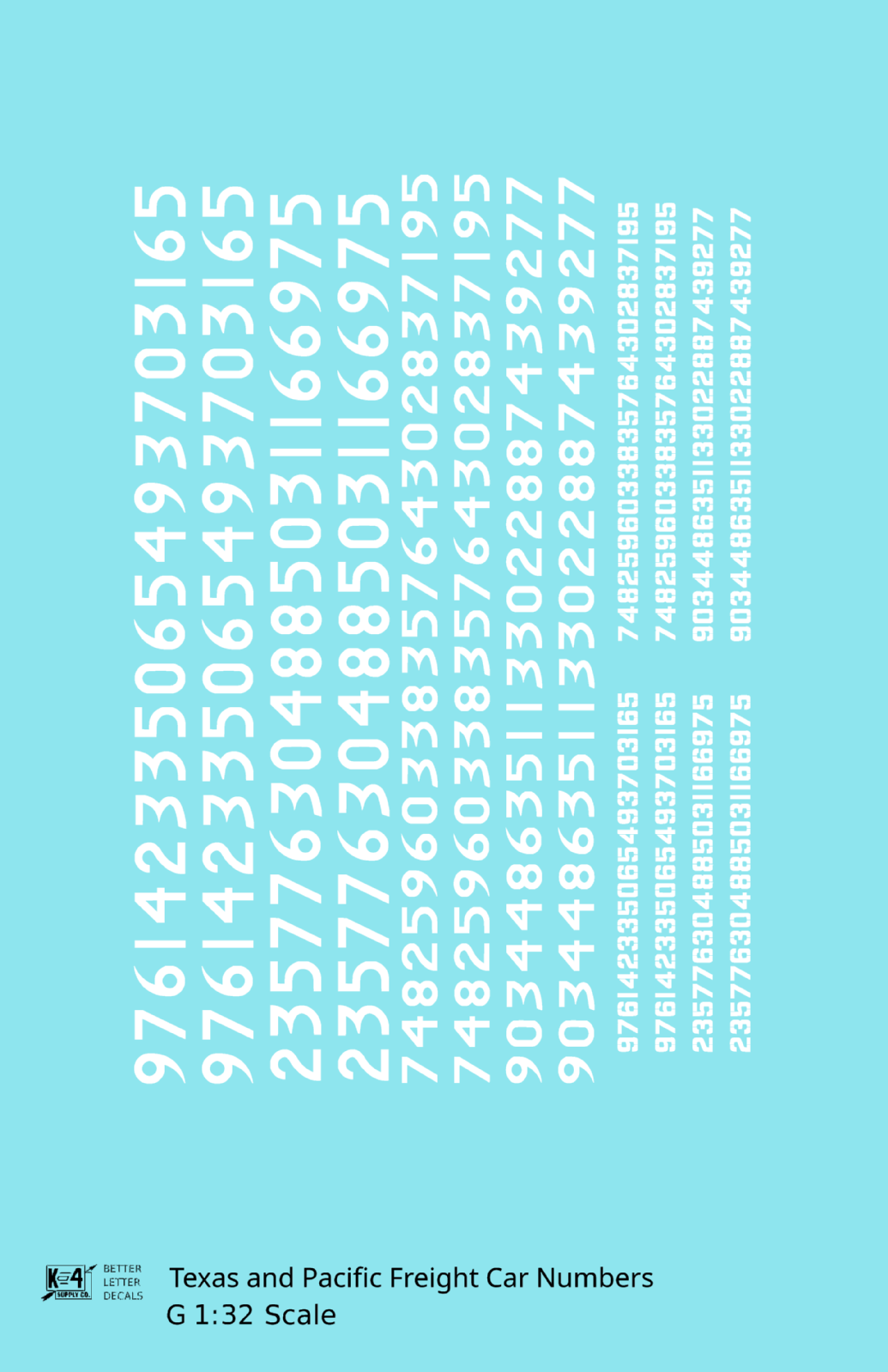 Texas and Pacific Style Numbers  White 10, 7 and 4 Inch Renumber