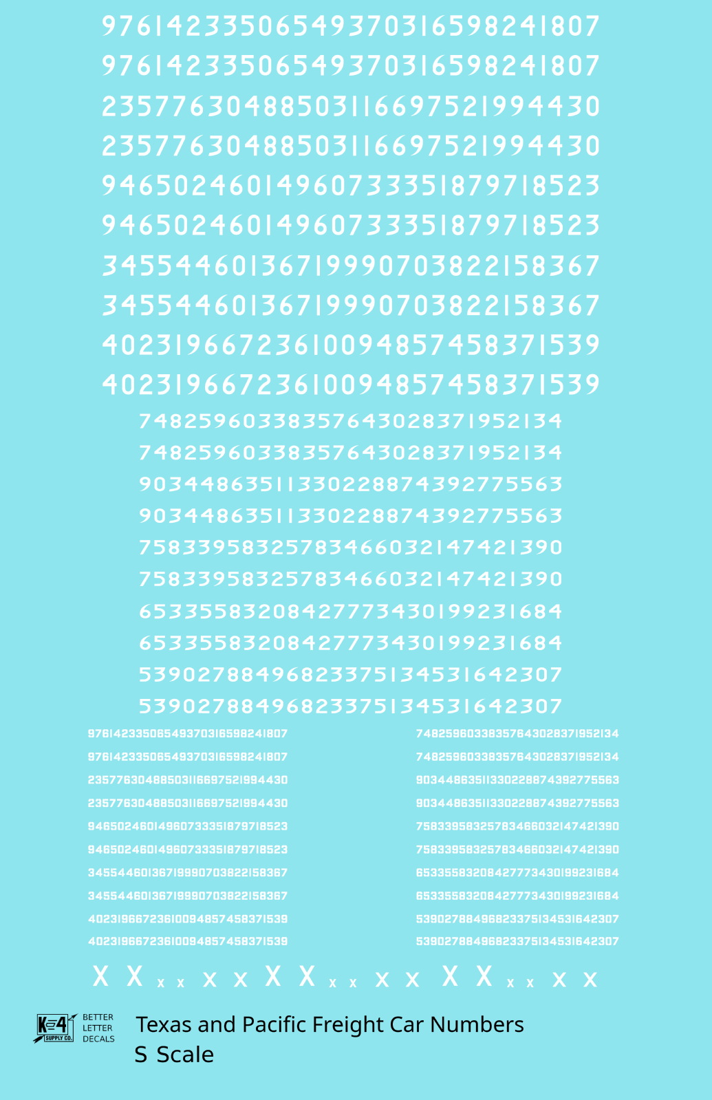 Texas and Pacific Style Numbers  White 10, 7 and 4 Inch Renumber