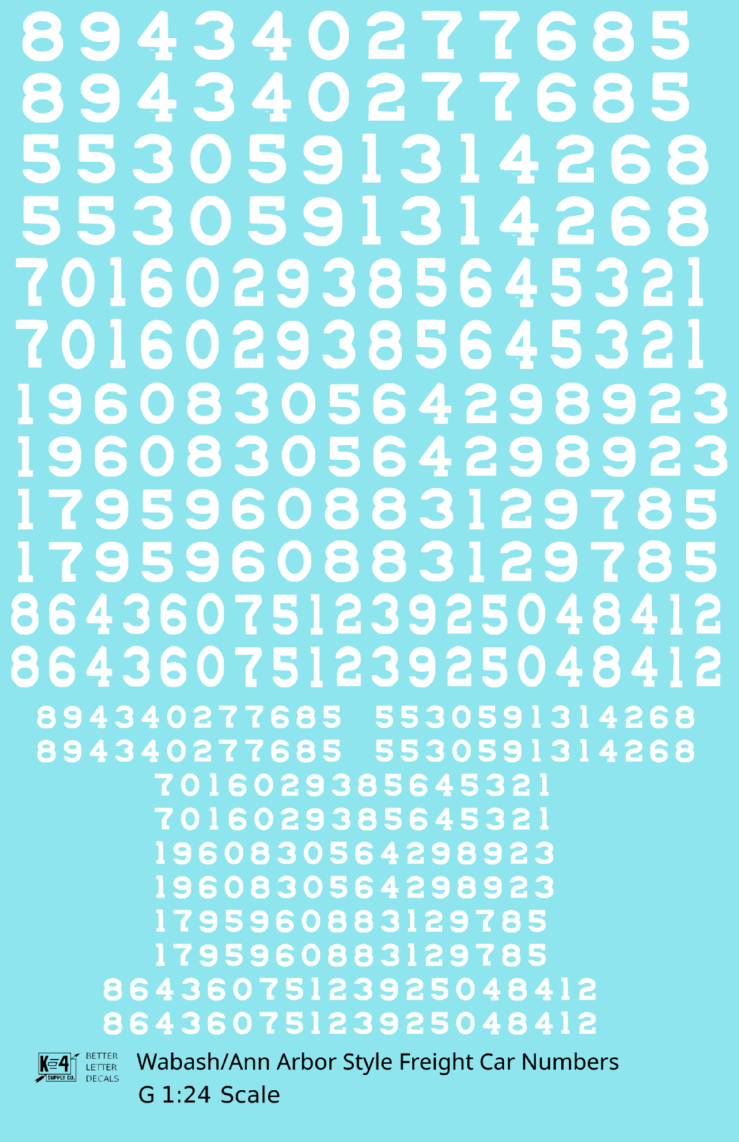 Wabash Style Numbers  White 9, 7 and 4 Inch Renumber