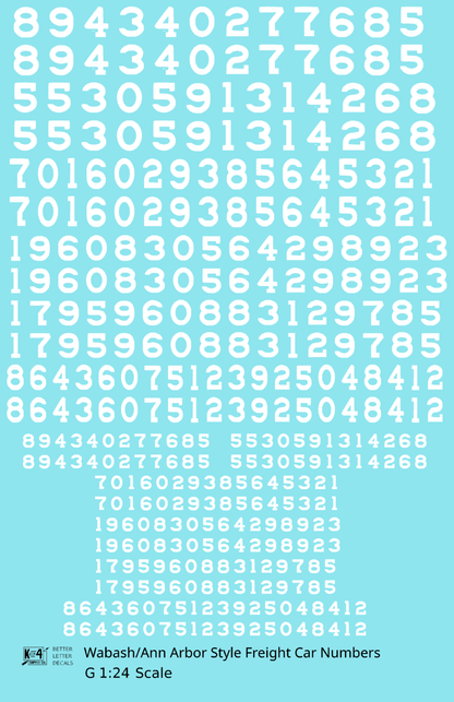Wabash Style Numbers  White 9, 7 and 4 Inch Renumber