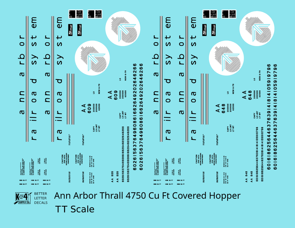 Ann Arbor 4750 Cuft Thrall Covered Hopper Black and White  - Decal - Choose Scale