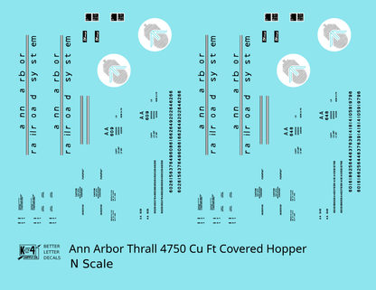 Ann Arbor 4750 Cuft Thrall Covered Hopper Black and White  - Decal - Choose Scale
