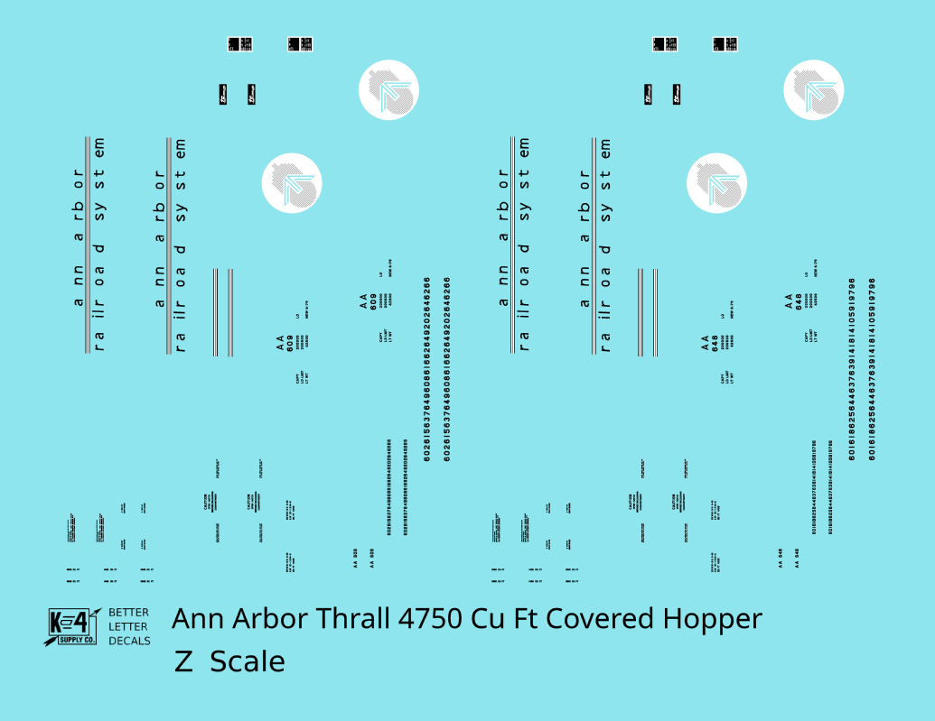 Ann Arbor 4750 Cuft Thrall Covered Hopper Black and White  - Decal - Choose Scale