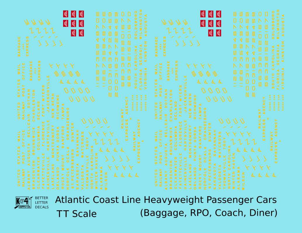 Atlantic Coast Line Heavyweight Passenger Car Yellow Coach Baggage RPO