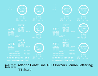 Atlantic Coast Line 40 Ft Boxcar White ACL Roman Font